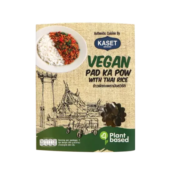 Kaset - Ready to Eat Pad Kai Ka Pow Curry Vegan 280g - Kaset – Meniu Vegan Instant cu Orez Jasmine și Curry Pad Ka-Pao 280g