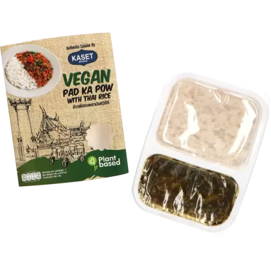 Kaset - Ready to Eat Pad Kai Ka Pow Curry Vegan 280g - Kaset – Meniu Vegan Instant cu Orez Jasmine și Curry Pad Ka-Pao 280g