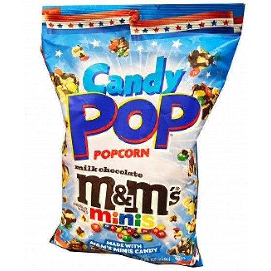 Candy Pop Popcorn M&M's Minis 149g - Popcorn acoperit cu ciocolată și mini-ciocolate cu lapte în crustă de zahăr