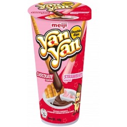 Meiji Yan Yan Double Cream 44g - Gustare cu Biscuiți și Cremă cu Aromă de Ciocolată și Căpșuni