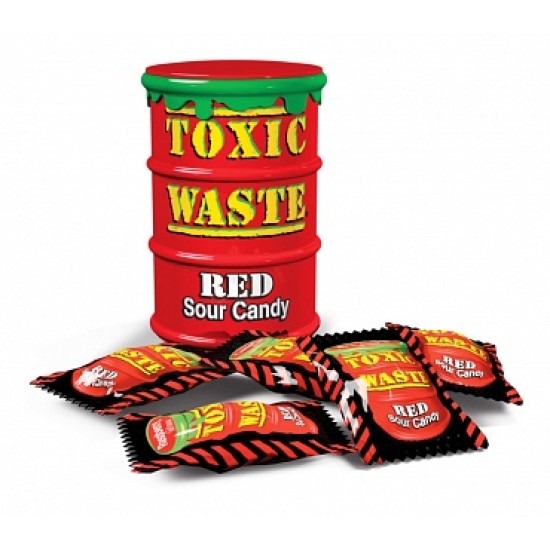 Toxic Waste Sour Candy Drum Red 42g - Bomboane tari acrișoare cu aromă de fructe